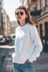 Fototapeta premium A woman in a sweatshirt and jeans on a city street.