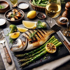 Grilled seabass served with lemon, wine, asparagus at a gourmet seafood restaurant.