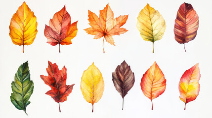Obraz premium A watercolor collection of colorful autumn leaves showcasing various shapes and hues, beautifully arranged on a white background, highlighting the beauty of the fall season. 
