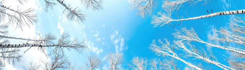 Winter panorama of bare birch trees against a bright blue sky. Captured with a wide lens, showcasing the beauty of the season.