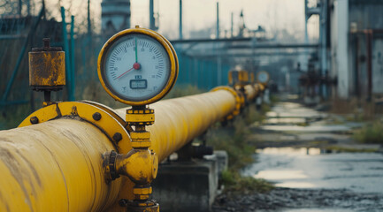 Close-up of a yellow industrial pipeline featuring a pressure gauge, set in an outdoor industrial facility with a focus on infrastructure.
