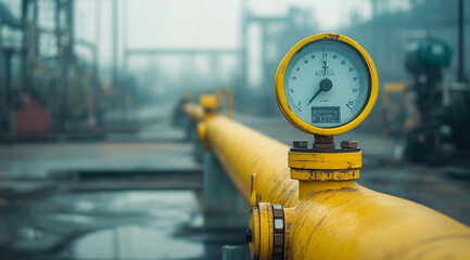 Close-up of a yellow industrial pipeline featuring a pressure gauge, set in an outdoor industrial facility with a focus on infrastructure.
