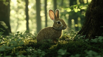 Obraz premium A single rabbit hiding in the underbrush of a dense forest, with light filtering through the trees.