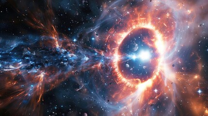 Stunning cosmic explosion, showcasing vibrant colors and swirling energy in the depths of space, mesmerizing and awe-inspiring.