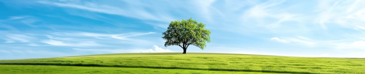 Fototapeta premium A solitary tree stands on a lush green hill under a bright blue sky with wispy clouds, embodying peace and natural beauty on a sunny day.