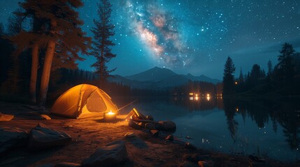 Camping tent in a forest at night with a starry sky, with a campfire, next to a lake and mountains in the background.