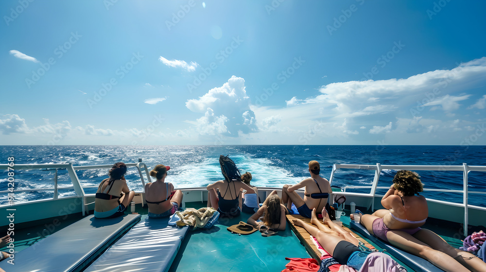 Wall mural Several individuals lounging on a spacious boat deck, enjoying the warm sunshine in style.