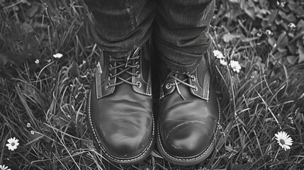 Pair of black boots against a floral backdrop