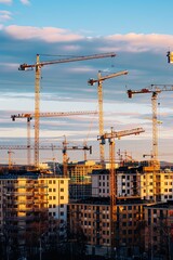 Construction site with multiple cranes against a sunset sky.