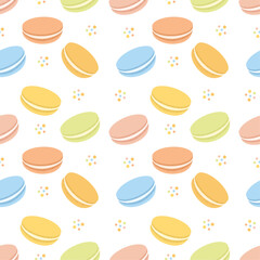 Seamless pattern with different taste macarons. Macaroons, sweet bakery. Colorful french almond cookies on white background. Vector pattern, flat style.