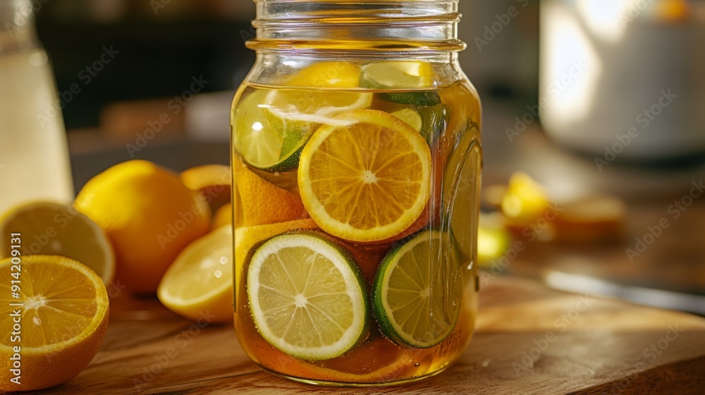 Poster freshly sliced lemons and limes are infused in clear liquid, stored in a jar on a wooden table, read