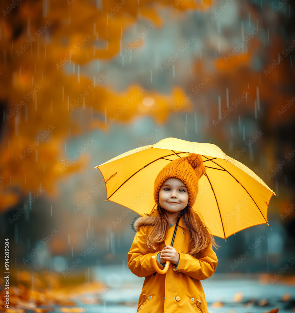 Canvas Prints small 6 - 7 years old girl in yellow raincoat with yellow umbrella outside; smiled kid under the rai