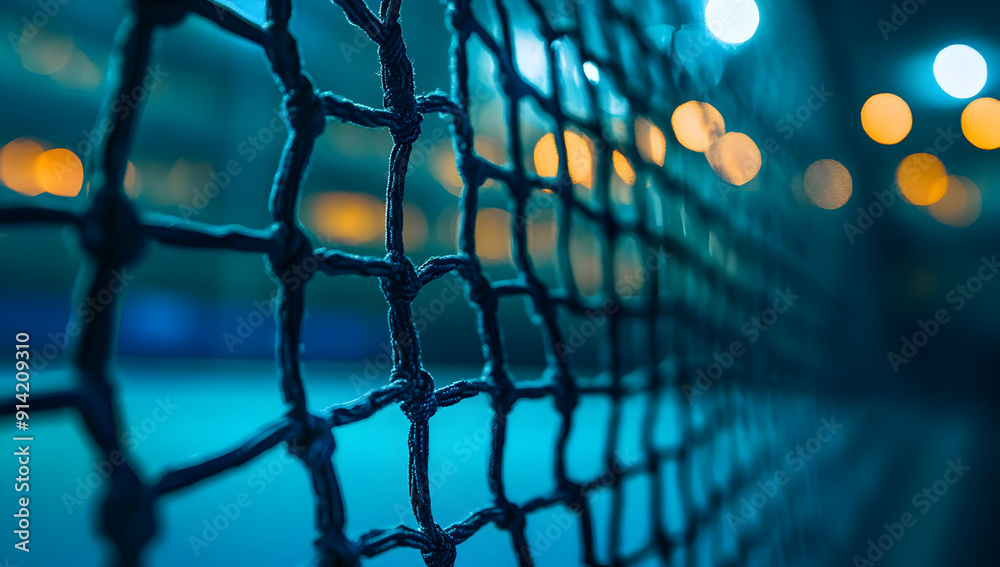 Poster a close-up shot of a sports net, beautifully illuminated with soft bokeh lights in the background, c