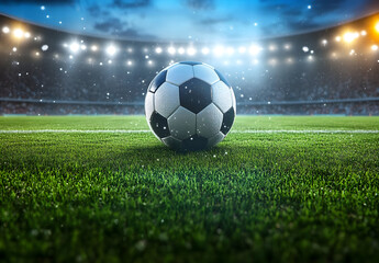 Fototapeta premium A close-up view of a soccer ball on vibrant green grass, illuminated by stadium lights in an atmospheric sports setting.