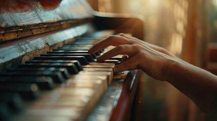 Hands playing piano keys, fingers depressing musical notes, a musician's performance of classical music.
