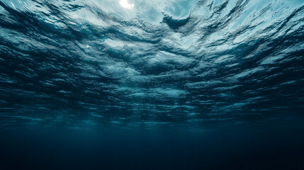 Underwater view of rippling ocean surface illuminated by sunlight during midday