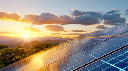Fototapeta premium Stunning sunset over a solar panel farm in the mountains, showcasing renewable energy and sustainability in a beautiful natural setting.