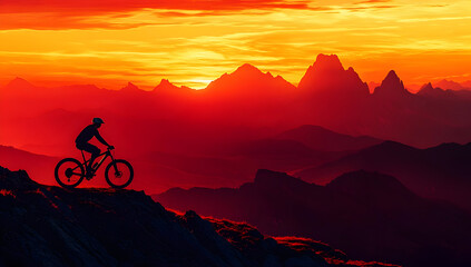 Obraz premium A mountain biker silhouetted against a stunning sunset with vibrant colors and majestic peaks in the background.