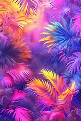 Vibrant Neon Tropical Rainforest Jungle Leaves Background, Colorful Exotic Palm Tree Foliage Pattern