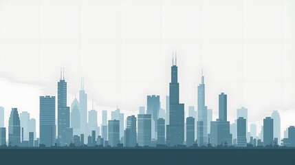 Naklejka premium Minimalist City Skyline: A minimalist 2D flat illustration of a city skyline with simple, monochromatic skyscrapers and a clean, uncluttered design