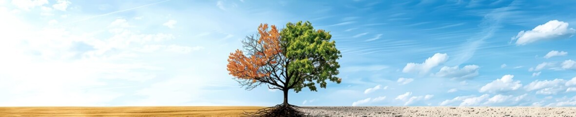 Contrast between seasons depicted by a tree with one side full of green leaves and the other side bare and dry under vast skies.