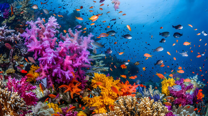 Underwater world alive with vibrant coral reefs, bursting with an array of colorful sea life.