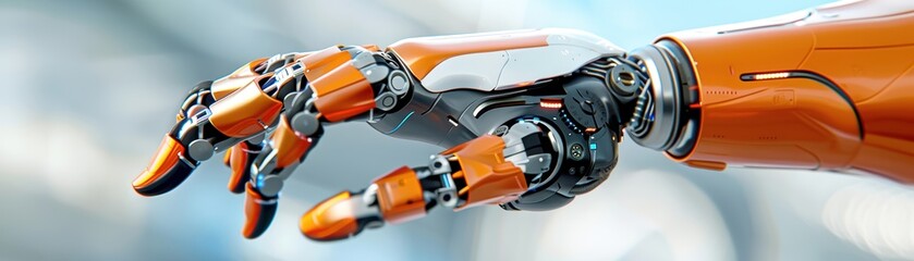 Close-up of a futuristic robotic hand reaching out, showcasing advanced technology and innovative design in artificial intelligence.