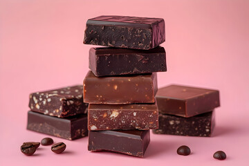 A tempting stack of assorted chocolate bars on a pink background, perfect for dessert lovers and sweet treat enthusiasts.