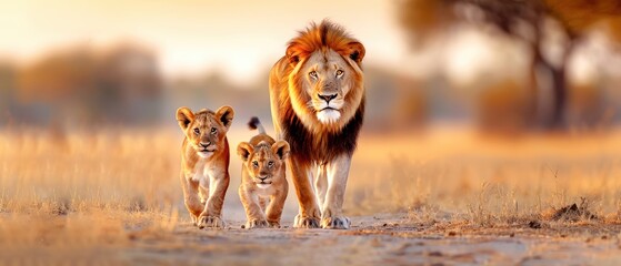 A majestic male lion walks in the savannah with two cute lion cubs, capturing the essence of wildlife and nature's beauty in the wild.