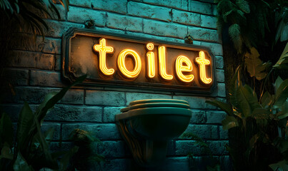 A vibrant illuminated toilet sign amidst lush greenery, ideal for themed decor or bathroom designs.