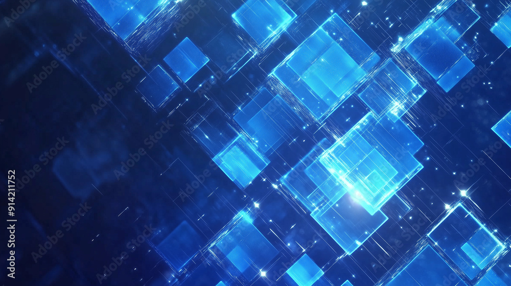 Fototapete Abstract blue background featuring glowing digital squares, representing the flow of digital data and information in the cyber space world. This futuristic geometric pattern embodies the essence of co