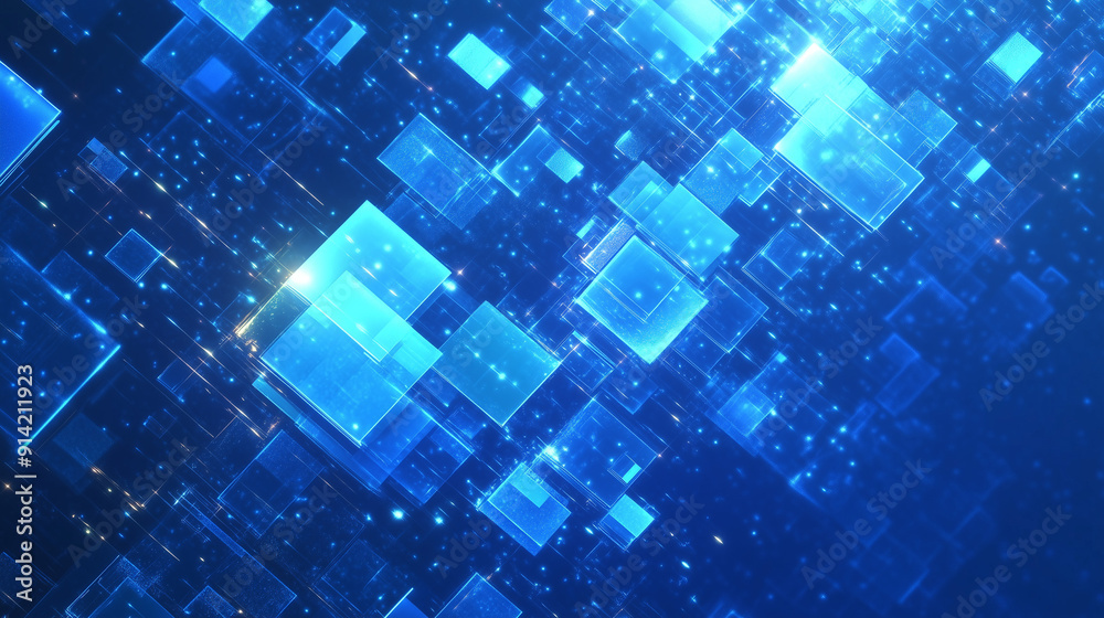 Poster abstract blue background featuring glowing digital squares, representing the flow of digital data an