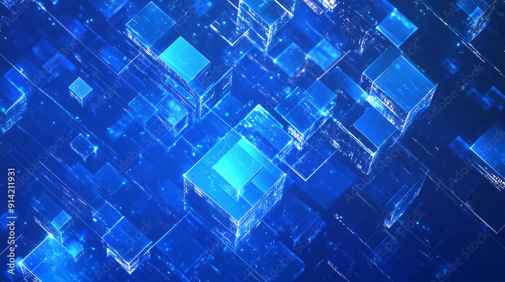 Aufkleber Abstract blue background featuring glowing digital squares, representing the flow of digital data and information in the cyber space world. This futuristic geometric pattern embodies the essence of co