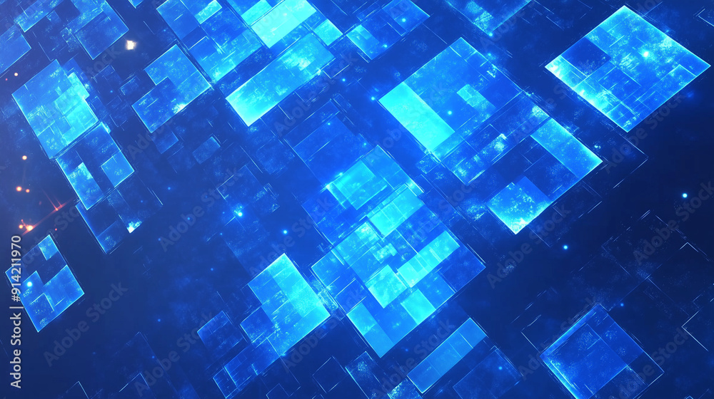 Fototapete Abstract blue background featuring glowing digital squares, representing the flow of digital data and information in the cyber space world. This futuristic geometric pattern embodies the essence of co