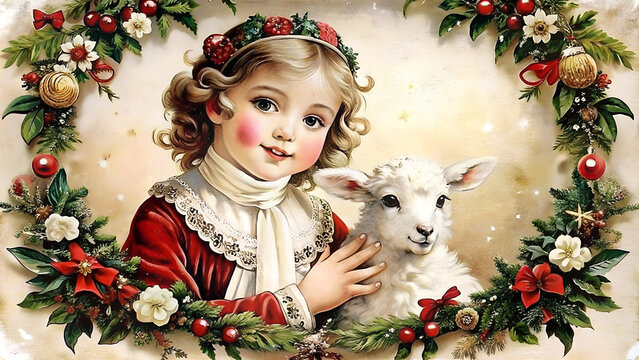 Christmas vintage postcard background, little girl with lamb, Christmas vintage card  with cirl and lamb