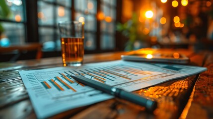 A detailed report showcases business performance metrics on a wooden table in a warmly lit café with a drink nearby