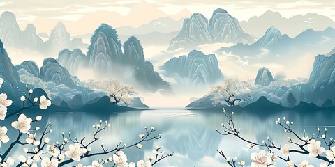 Chinese style painting of mountains and a lake with trees in the foreground. The mood of the painting is serene and peaceful © serdjo13