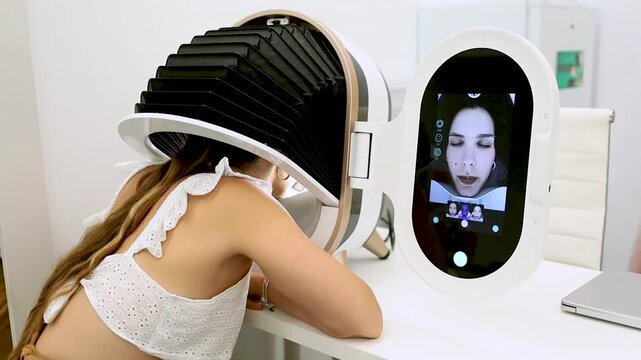 A young woman undergoes a facial analyzer at a beauty clinic for a skin diagnosis.Concept of facial analyzer to predict aging.