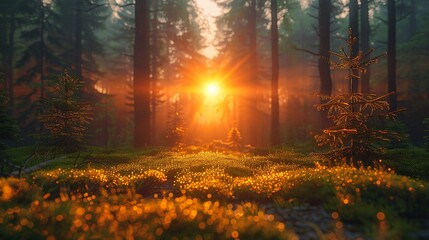 Obraz premium Dawn light filters through tall trees, casting a warm glow on the vibrant moss below in a tranquil forest setting