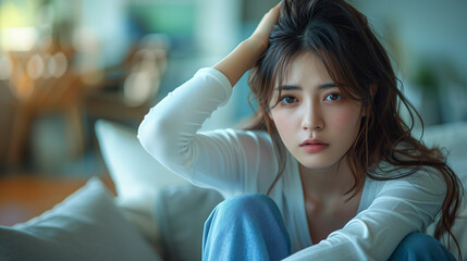 An Asian Korean woman feeling a headache, sitting on her bed with her hand on her head and a sad look