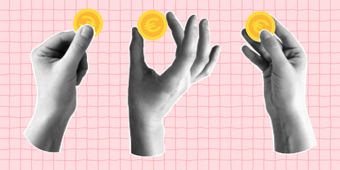 Set of halftone collage with hands holding euro coin. Banner with concept of payment and financial planning, saving. Cut out element on a pink checkered background.