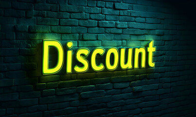 Bright green neon sign displaying the word 'Discount' against a textured brick wall, perfect for promoting sales and offers.