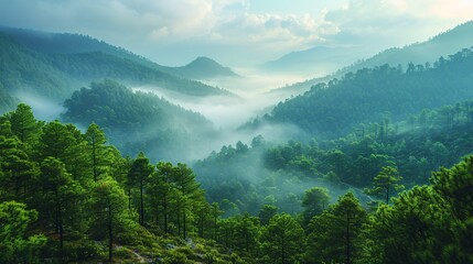 Fototapeta premium Dawn breaks over a misty valley filled with lush green trees, creating a tranquil and picturesque landscape of mountains and fog