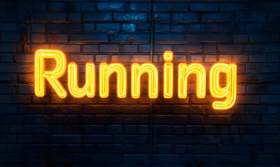 Bright neon sign displaying the word 'Running' against a dark brick wall, perfect for fitness and sports themes.