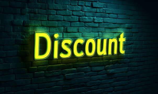 Bright green neon sign displaying the word 'Discount' against a textured brick wall, perfect for promoting sales and offers.