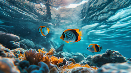 Fototapeta premium Colorful fish swimming among coral reefs in clear ocean water