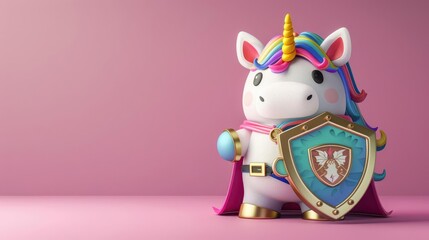 Fototapeta premium A 3D, cute, colorful unicorn dressed as a superhero with a shield and emblem