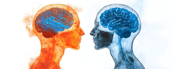 Conceptual illustration of two human heads with contrasting colors, symbolizing the duality of thoughts and emotions.
