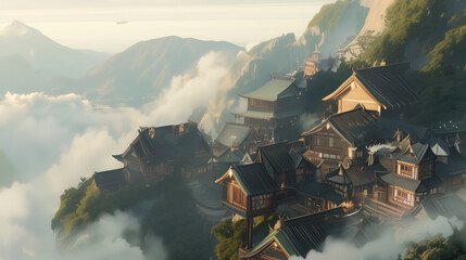 Tranquil Cliffside Village in the Morning Mist