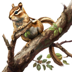 Obraz premium A detailed illustration of a chipmunk perched on a tree branch surrounded by lush green leaves, showcasing nature's beauty. PNG transparent background.